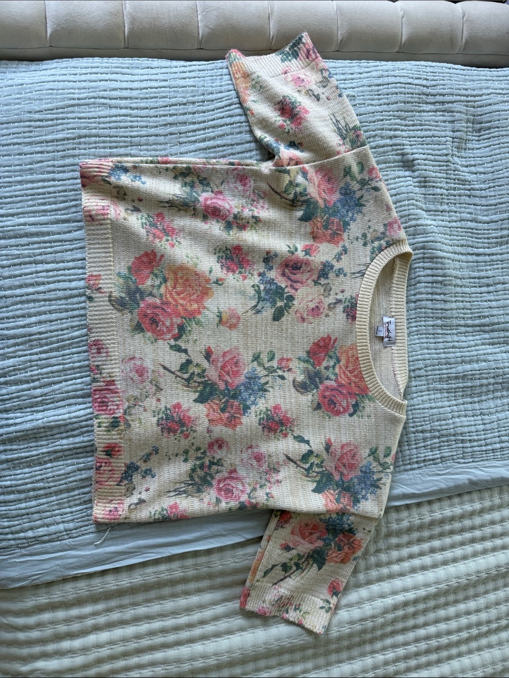 Floral Knit Sweater Top - Cream with Pink & Green Roses